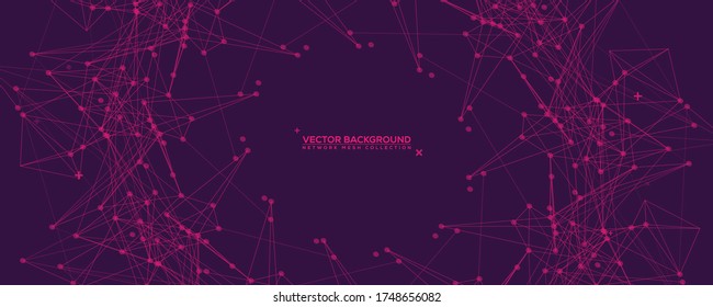 Lila Abstrakte Netzmasche mit Ihrem Text. Geometrische Verbindungslinie und Punkte. violetter Vektorhintergrund mit breiter Technologie