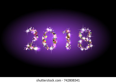 Purple abstract on dark background. New Year 2018 concept.  Multicolored glitter numbers and shining stars on dark background. Vector illustration.