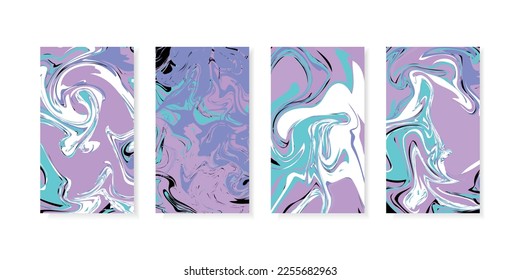 Purple abstract paint mixing vertical Social Media stories, cover template set for posters, social media stories and banners. Vector aesthetic set