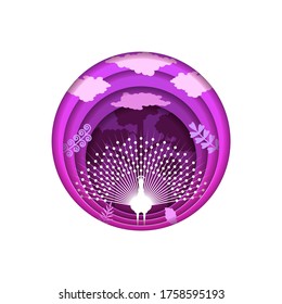 Purple Abstract Paper Cut Tree Design Elements Vector Background Peacock Bird Wild Silhouette Nature