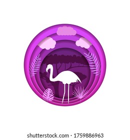 Purple Abstract Paper Cut Tree Design Elements Vector Background Flamingo Bird Wild Silhouette Nature