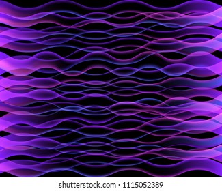 Purple abstract pattern. Bright colorful print composed of purple and violet line waves on black background. 