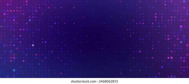 Purple abstract pixel texture bg video screen. Tv pattern background with square noise effect. Futuristic broadcast neon gradient banner for television. Modern vhs led static display element