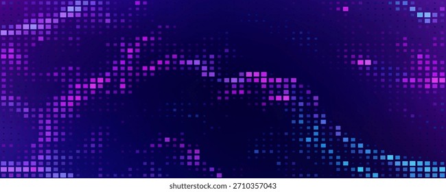Tela de vídeo grande com textura de pixel abstrata roxa. Plano de fundo padrão de TV com efeito de ruído quadrado. Banner de gradiente de néon de transmissão futurista para televisão. Moderno vhs levou elemento de exibição estático