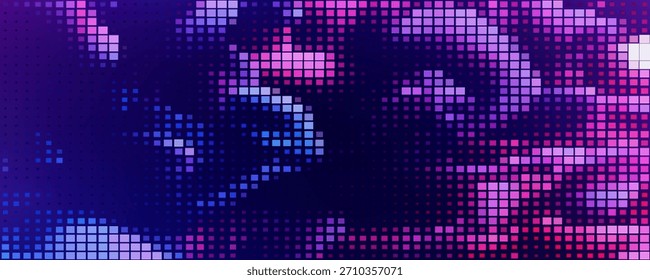 Tela de vídeo grande com textura de pixel abstrata roxa. Plano de fundo padrão de TV com efeito de ruído quadrado. Banner de gradiente de néon de transmissão futurista para televisão. Moderno vhs levou elemento de exibição estático