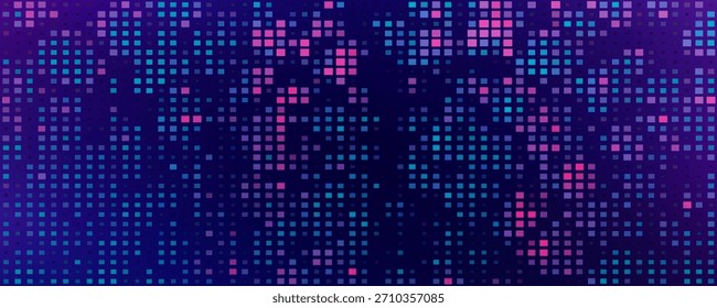 Tela de vídeo grande com textura de pixel abstrata roxa. Plano de fundo padrão de TV com efeito de ruído quadrado. Banner de gradiente de néon de transmissão futurista para televisão. Moderno vhs levou elemento de exibição estático