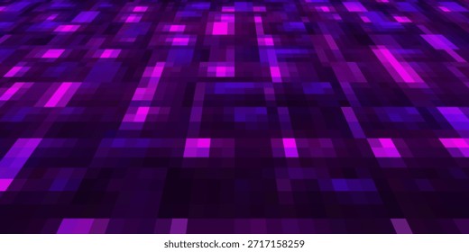 Violett abstrakte Pixel Textur großen Bildschirm. TV-Muster Hintergrund mit quadratischem Rauscheffekt. Futuristisches Broadcast-Neon-Farbverlaufsbanner für das Fernsehen. Modernes vhs led statisches Anzeigeelement