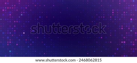 Purple abstract pixel texture bg video screen. Tv pattern background with square noise effect. Futuristic broadcast neon gradient banner for television. Modern vhs led static display element