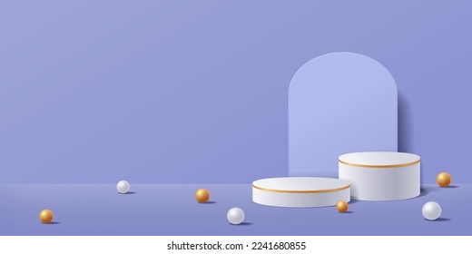 Fondo de escena púrpura abstracta con podio peatonal de cilindro 3d blanco para la presentación del producto. Estudio de plataforma de forma geométrica mínima, ilustración vectorial