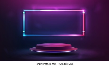 Purple abstract scene with empty podium with neon pink and blue frame on background