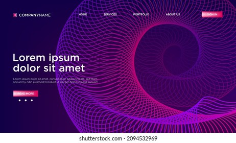 Lila Abstrakte Spiral Form Hintergrund Website Landing Page. Landing Page Hintergrund. Futuristische Digital Helix Motion Gradient Muster. Dynamischer Neon 3d bunter Layouthintergrund.