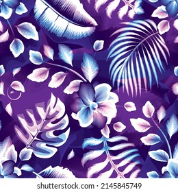 purple abstract tropical seamless pattern with banana leaves, monstera plants and foliage on colorful texture background. natural design pattern. tropical wallpaper. Floral background. Summer design