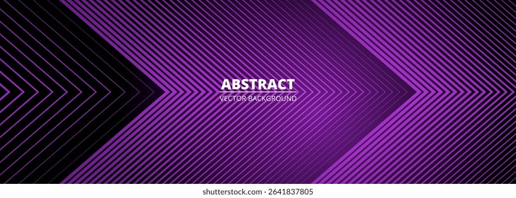 Purple abstract wide banner with arrows. Dark violet futuristic technology geometric background. Vector illustration