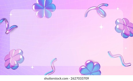 Fundo de gradiente y2k abstrato roxo com vidro e flores 3d holográficas e espirais. Design de flor de verão e primavera com espaço de cópia. Ilustração vetorial