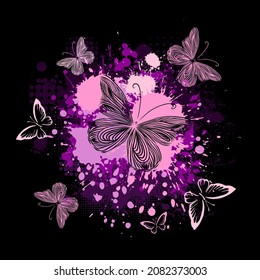 Purple abstraction with butterflies and blots. Dark background. Vector illustration