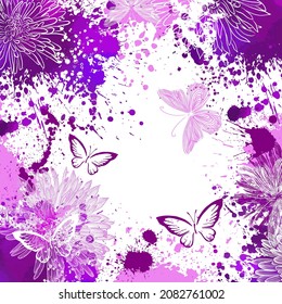 Purple abstraction with butterflies and blots. Grunge frame made of blots and butterflies. Light background. Vector illustration