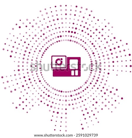 Purple Action extreme camera icon isolated on white background. Video camera equipment for filming extreme sports. Abstract circle random dots. Vector