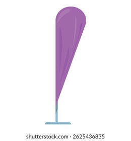 Purple advertising beach flag is standing on a metal pole, waving slightly in the wind
