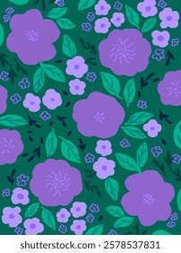 Purple aesthetic flowers patterns and leaves on green background for business presentation, branding package, fabric print, wallpaper, social media post, doodle, notes, book covers, wall decor.