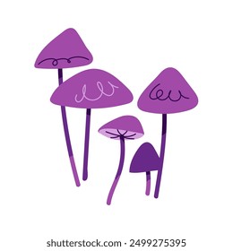 Purple Agaric Laccaria Mushrooms vector set. Hand drawn illustration of forest fungus. Line art Sketch fungi isolated on white background