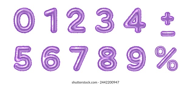 Purple air balloon numbers and math signs realistic vector illustration set. Sparkling party decor 3d models on white background collection