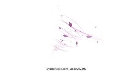 Purple air swirl effect with flying mint, tea leaves isolated on white background, vector realistic illustration for pharmaceutical and food industry advertising design.	