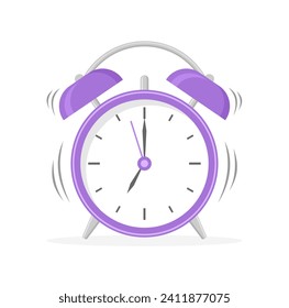 Sonando despertador púrpura, aislado en fondo blanco. Ilustración vectorial plana