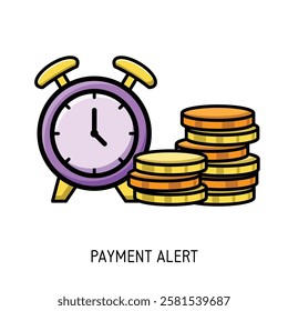 A purple alarm clock and stacks of gold coins illustrate a timely payment alert Perfect for finance apps and websites