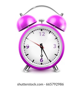 Purple alarm clock with two bells in retro style on white background realistic vector illustration