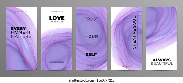 Purple alcohol ink story template for social media. Violet modern ink vector texture with text and typography. Vector design backgrounds for social media stories, roll or expandable banner, flyer