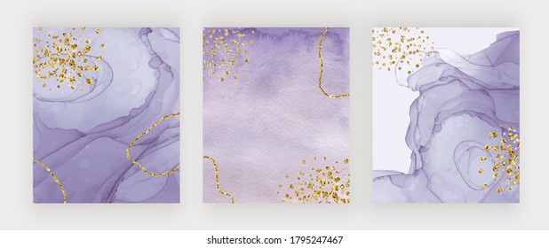 Purple alcohol ink and watercolor texture covers with gold glitter confetti