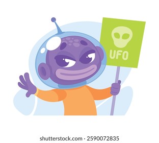 Purple Alien Character in Helmet Hold Banner Vector Illustration
