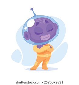 Purple Alien Character in Helmet Stand with Folded Arms Vector Illustration