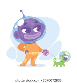 Purple Alien Character in Helmet Walk Dog Vector Illustration