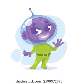 Purple Alien Character in Helmet Wave Hand Vector Illustration.