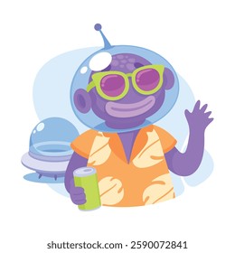 Purple Alien Character in Helmet Wave Hand Vector Illustration