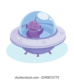 Purple Alien Character in Ufo Shuttle Vector Illustration