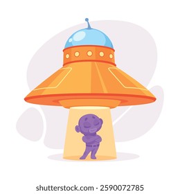 Purple Alien Character in Ufo Shuttle Vector Illustration