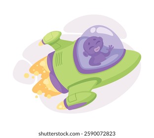 Purple Alien Character in Ufo Shuttle Vector Illustration