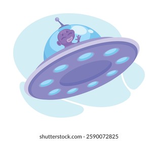 Purple Alien Character in Ufo Shuttle Vector Illustration