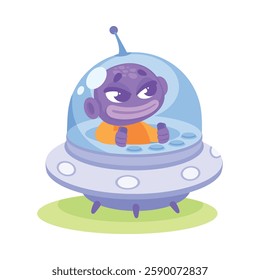 Purple Alien Character in Ufo Shuttle Vector Illustration