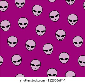 Purple alien faces on a purple field. Vector image. Decorative seamless pattern. 
