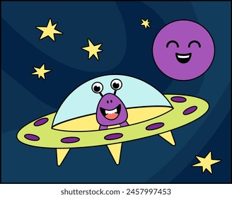 Purple alien in flying saucer. Space illustration. Cartoon, vector. Isolated vector illustration eps 10