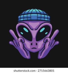 Cabeza alienígena púrpura con el gesto de la mano que lleva el beannie azul para la impresión de la ropa de calle
