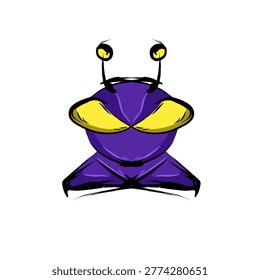 Purple alien insect mascot character with large yellow eyes and antennae, stylized vector illustration of a robotic bug or extra-terrestrial creature on a white background.