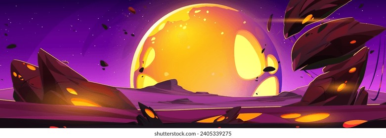 Paisaje alienígena púrpura con la superficie terrestre del planeta con rocas y elementos brillantes amarillos, cielo con cuerpo celeste bolsa. Fantasía vectorial de dibujos animados en el espacio exterior de la superficie cósmica del desierto terrestre.