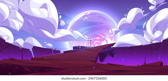 Purple alien landscape with planet rocky ground surface with cliff, sky with big neon glowing celestial body and fluffy clouds. Cartoon vector fantasy outer space scenery of cosmic stone land.