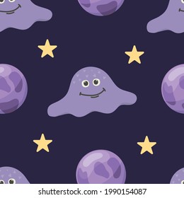 Сute purple alien pattern. Space monster and stars. Cute cartoon kawaii scary funny baby character. White background. Flat design. 