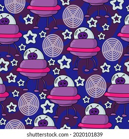 Purple alien in purple spaceship seamless pattern, UFO and stars on dark blue background vector illustration