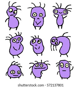 Purple Aliens Crazy Emoticons Set. Funny Cartoon Cool Characters. Contour Freehand Digital Drawing Cute Monsters. Cheerful Collection Creatures for Web Icons and Shirts. 
